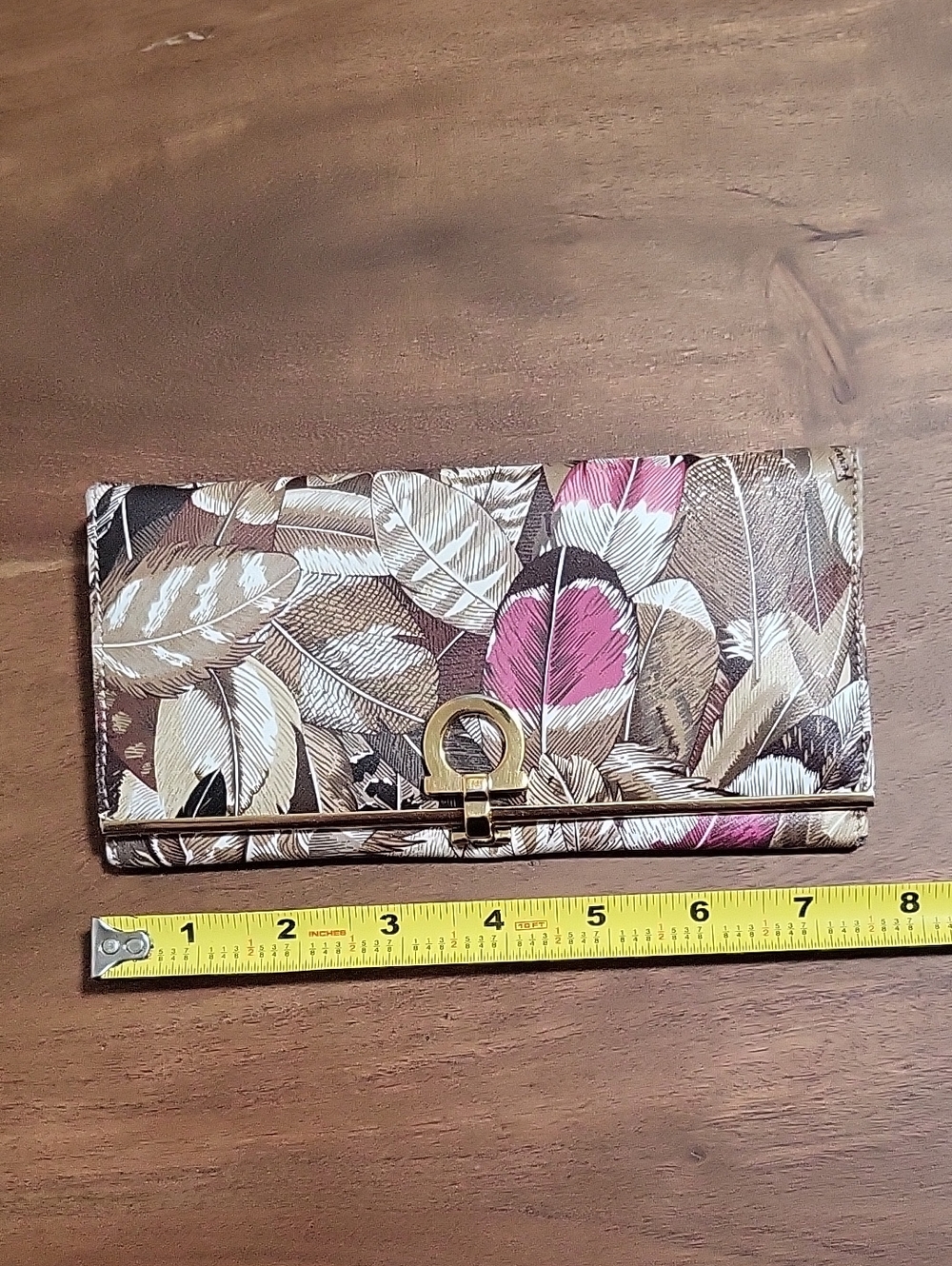 Salvatore Ferragamo Feather Print Leather Wallet in Brown, Pink & Cream - Picture 16 of 16